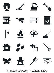 Set of vector isolated black icon - job vector, farm fork, ripper, rake, tree, wheelbarrow, watering, butterfly, fire, house, well, hose, hoe, bench, garden light, fireplace, seeds, sprinkler