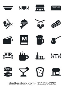 Set of vector isolated black icon - cafe vector, alcohol, menu, reserved, cocktail, coffee, beer, bacon, waiter, bread, building, table, vip zone, open close, credit card, bowl, turkish, sushi