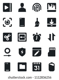 Set of vector isolated black icon - phone back vector, protect, themes, user, alarm, scanner, sd, folder, calendar, notes, data exchange, download, brightness, cut, eye id, fingerprint, video