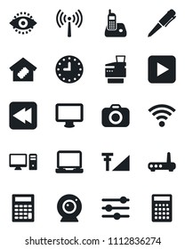 Set of vector isolated black icon - antenna vector, pen, clock, camera, monitor, laptop pc, radio phone, play button, rewind, tuning, wireless, eye id, cellular signal, copier, smart home, router