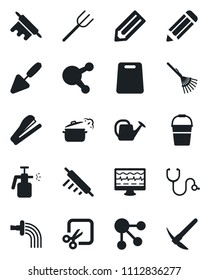 Set of vector isolated black icon - pencil vector, trowel, farm fork, rake, watering can, bucket, garden sprayer, monitor pulse, stethoscope, share, cut, stapler, rolling pin, cutting board