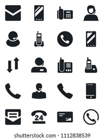 Set of vector isolated black icon - phone vector, mobile, office, 24 hours, support, cell, radio, mail, call, data exchange