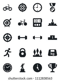 Set of vector isolated black icon - pedestal vector, medal, barbell, bike, run, heavy, clock, stopwatch, target, award cup