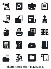 Set of vector isolated black icon - stamp vector, office binder, document search, notepad, printer, contract, folder, clipboard, news, checklist, paper, copier, case