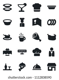 Set of vector isolated black icon - coffee vector, waiter, cook, dish, alcohol, restaurant table, hat, wine card, reserved, cocktail, plates, chicken, ham, bowl, storefront