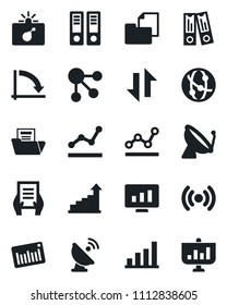 Set of vector isolated black icon - satellite antenna vector, bomb in case, growth statistic, office binder, crisis graph, document, monitor, folder, barcode, network, data exchange, bar, point