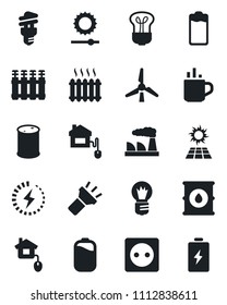 Set of vector isolated black icon - hot cup vector, bulb, factory, oil barrel, battery, torch, brightness, charge, windmill, heater, home control, socket, radiator, energy saving, sun panel