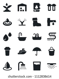 Set of vector isolated black icon - shower vector, bucket, boot, water drop, drip irrigation, sea shipping, umbrella, pool, warehouse, bathroom, drink, heater, filter, sprinkler