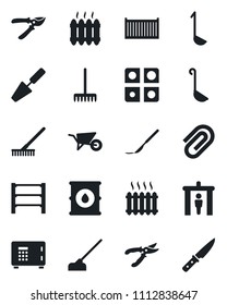 Set of vector isolated black icon - security gate vector, safe, trowel, rake, wheelbarrow, pruner, hoe, scalpel, cargo container, oil barrel, rack, application, paper clip, heater, ladle, knife