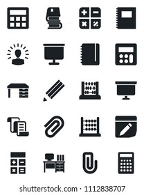 Set of vector isolated black icon - contract vector, calculator, abacus, desk, notepad, presentation board, notes, copybook, paper clip, pencil, book, shining head