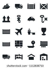 Set of vector isolated black icon - plane vector, sea shipping, truck trailer, cargo container, car delivery, port, consolidated, fragile, warehouse storage, up side sign, no hook, heavy scales