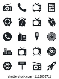 Set of vector isolated black icon - alarm clock vector, phone, tv, abacus, stamp, plant label, vinyl, flame disk, radio, call, office, rocket