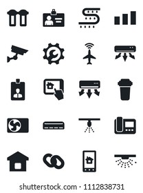 Set of vector isolated black icon - plane radar vector, identity card, drip irrigation, sorting, chain, root setup, air conditioner, smart home, intercome, control app, water filter, surveillance