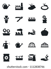 Set of vector isolated black icon - factory vector, flower in pot, watering can, pruner, seedling, pumpkin, greenhouse, pond, garden sprayer, fertilizer, palm sproute