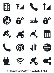 Set of vector isolated black icon - satellite vector, network, call, sim, data exchange, cellular signal, wireless, power plug, lock, router, social media
