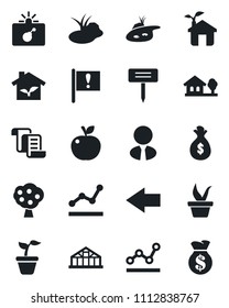 Set of vector isolated black icon - bomb in case vector, left arrow, contract, seedling, plant label, greenhouse, pond, important flag, point graph, house with tree, fruit, estate agent, apple, eco