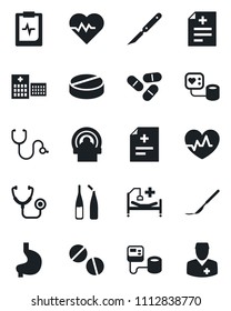 Set of vector isolated black icon - heart pulse vector, diagnosis, stethoscope, blood pressure, pills, ampoule, scalpel, tomography, hospital bed, stomach, clipboard, doctor