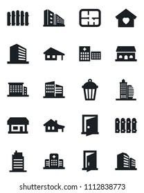 Set of vector isolated black icon - office building vector, fence, garden light, hospital, store, house with garage, plan, sweet home, city, cafe, door