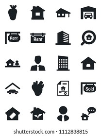 Set of vector isolated black icon - office building vector, house, real heart, with garage, tree, estate document, rent, sold signboard, search, agent, smart home, city, eco, message