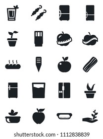 Set of vector isolated black icon - seedling vector, plant label, diet, fridge, drink, phyto bar, salad, bacon, bread, kebab, hot dog, apple fruit, palm sproute
