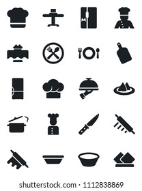 Set of vector isolated black icon - fridge vector, cook, restaurant table, serviette, cafe, hat, waiter, bowl, rolling pin, cutting board, knife, steaming pan