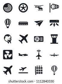 Set of vector isolated black icon - plane vector, airport tower, radar, departure, wind, helicopter, seat map, globe, air conditioner, fan, paper, balloon