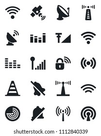 Set of vector isolated black icon - antenna vector, border cone, radar, satellite, equalizer, wireless, mute, cellular signal, lock