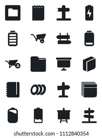 Set of vector isolated black icon - signpost vector, notepad, presentation board, wheelbarrow, battery, low, folder, charge, blank box, plates, guidepost