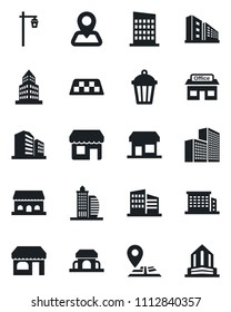 Set of vector isolated black icon - taxi vector, shop, garden light, navigation, store, office building, city house, cafe, storefront