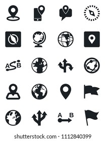 Set of vector isolated black icon - globe vector, route, navigation, earth, pin, mobile tracking, network, place tag, compass, flag