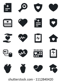 Set of vector isolated black icon - heart vector, pulse, diagnosis, blood pressure, diagnostic, shield, hand, real, medical calendar, clipboard, sweet home