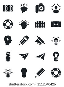 Set of vector isolated black icon - automatic door vector, brainstorm, bulb, camera, pencil, fence, rolling pin, energy saving, shining head, idea, paper plane, crisis management