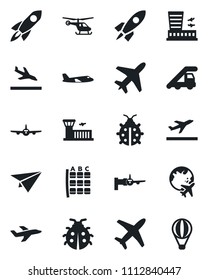 Set of vector isolated black icon - plane vector, departure, arrival, ladder car, boarding, helicopter, seat map, globe, airport building, lady bug, rocket, paper, air balloon