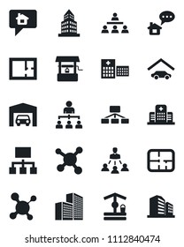 Set of vector isolated black icon - hierarchy vector, well, molecule, hospital, office building, garage, plan, home message