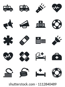 Set of vector isolated black icon - hose vector, heart pulse, doctor case, patch, ambulance star, car, hospital bed, loudspeaker, torch, crisis management