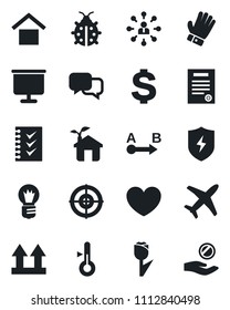Set of vector isolated black icon - hierarchy vector, dollar sign, bulb, glove, lady bug, heart, plane, warehouse storage, up side, tulip, route, dialog, protect, presentation board, checklist