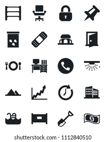 Set of vector isolated black icon - fence vector, phone, desk, drawing pin, shovel, seeds, patch, rack, office chair, pool, mountains, building, lock, cafe, door, sprinkler, clock, growth graph