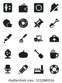Set of vector isolated black icon - elevator vector, fork loader, office chair, drawing pin, job, garden, shovel, pumpkin, doctor case, dropper, vinyl, record, mute, pencil, fruit tree, factory