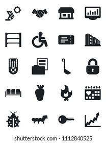 Set of vector isolated black icon - waiting area vector, ticket, disabled, handshake, lady bug, fire, caterpillar, real heart, medical calendar, store, rack, remote control, monitor statistics, key