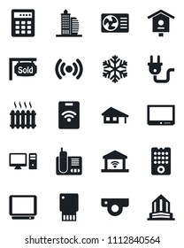 Set of vector isolated black icon - bird house vector, tv, radio phone, with garage, sold signboard, office building, heater, power plug, remote control, wireless, web camera, snowflake, pc, gate