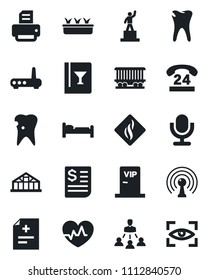 Set of vector isolated black icon - bed vector, pedestal, printer, seedling, greenhouse, heart pulse, diagnosis, caries, railroad, 24 hours, receipt, antenna, microphone, hierarchy, wine card