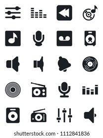Set of vector isolated black icon - vinyl vector, radio, speaker, equalizer, microphone, rewind, tuning, bell, record, music, sound