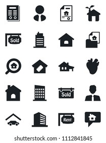 Set of vector isolated black icon - office building vector, house, real heart, contract, with garage, estate document, rent, sold signboard, search, agent, smart home, city, eco, message
