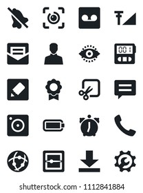 Set of vector isolated black icon - call vector, message, mobile camera, user, alarm, stopwatch, mail, record, scanner, network, notes, download, mute, cut, eye id, cellular signal, battery