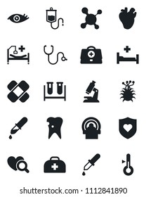 Set of vector isolated black icon - doctor case vector, molecule, stethoscope, blood test vial, dropper, heart diagnostic, microscope, patch, tomography, shield, hospital bed, real, caries, eye