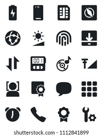 Set of vector isolated black icon - phone back vector, call, menu, message, alarm, stopwatch, sim, network, data exchange, download, brightness, compass, face id, fingerprint, music, cellular signal