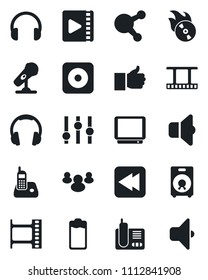 Set Of Vector Isolated Black Icon - Film Frame Vector, Flame Disk, Microphone, Settings, Tv, Headphones, Radio Phone, Share, Speaker, Group, Finger Up, Battery, Rewind, Rec Button, Video, Sound