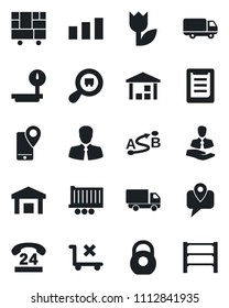 Set of vector isolated black icon - 24 hours vector, client, mobile tracking, truck trailer, car delivery, consolidated cargo, clipboard, no trolley, tulip, warehouse, sorting, heavy, scales, search
