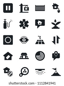 Set of vector isolated black icon - radar vector, garden sprayer, ambulance star, mobile tracking, cargo container, pause button, record, data exchange, eye id, smart home, crane, estate insurance