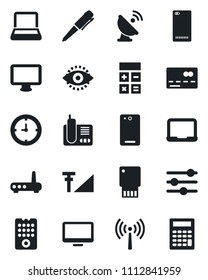 Set of vector isolated black icon - antenna vector, credit card, calculator, pen, notebook pc, clock, satellite, monitor, radio phone, back, tuning, eye id, cellular signal, remote control, router